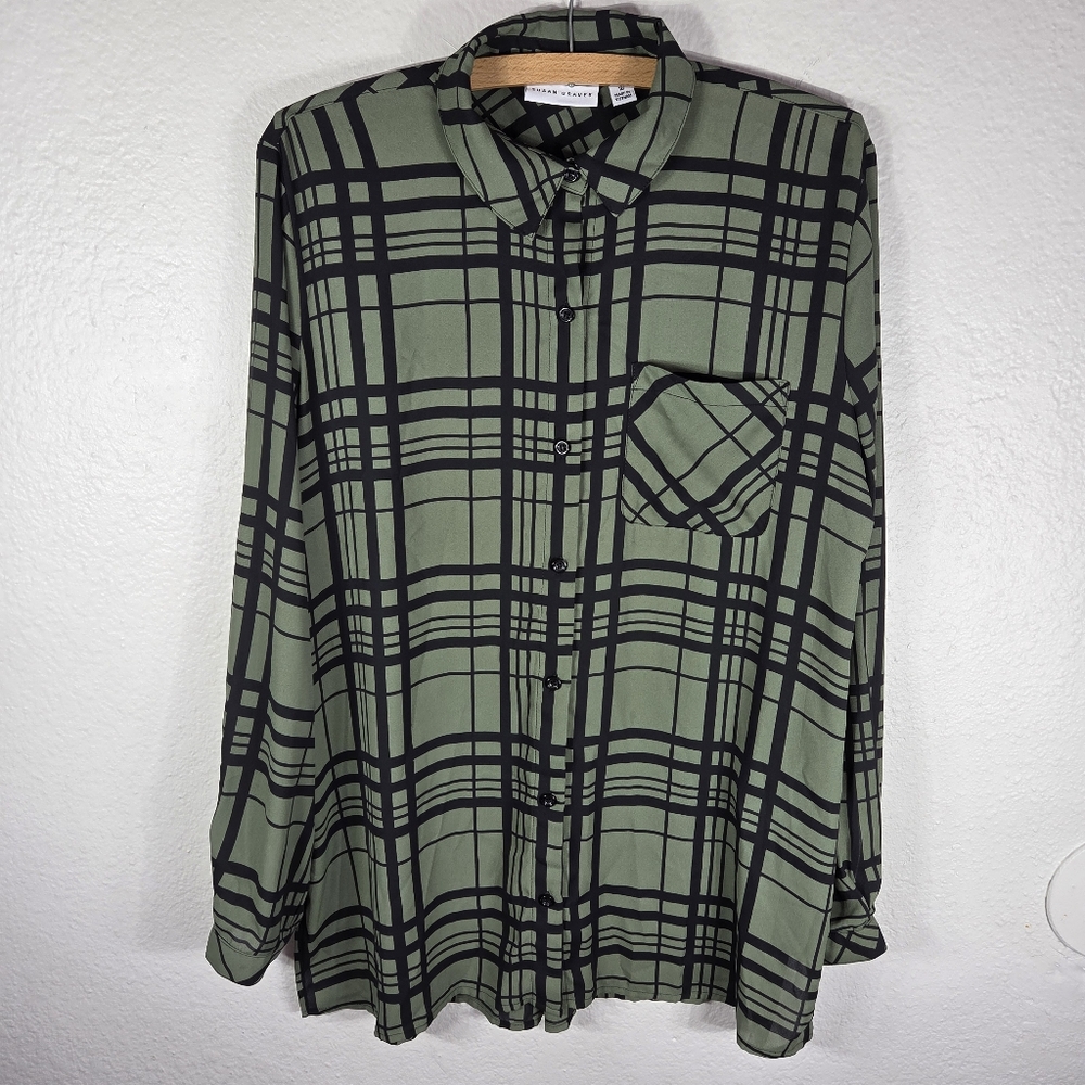 Susan Graver Tunic Top Womens Sz 10 Olive Green Pleated Button Down Collared